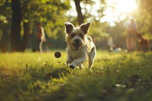 ai gegenereerd een vriendelijk hond gelukkig Toneelstukken halen met haar eigenaar in een weelderig groen park, vriendschap met dieren foto