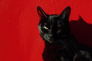 ai gegenereerd een zwart kat Aan een rood achtergrond, zwart en rood, elegant kunst foto