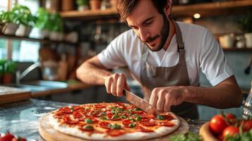 ai gegenereerd jong knap Mens snijdend peperoni worst in plakjes voor maken pizza foto