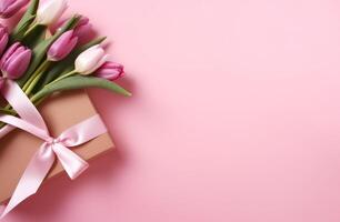 ai gegenereerd een geschenk doos van roze tulpen Aan roze achtergrond, foto