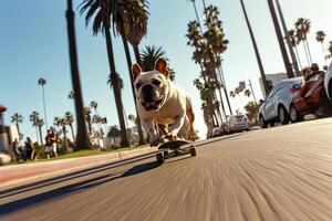 ai gegenereerd skateboarden hond. grappig hond ritten skateboard Aan de straat in zomer stad foto