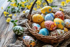 ai gegenereerd kleurrijk Pasen eieren in mand, Pasen achtergrond met kopiëren ruimte, gelukkig Pasen dag foto
