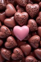 ai gegenereerd chocola harten Aan een roze achtergrond, foto