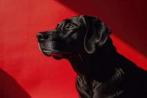 ai gegenereerd een zwart hond Aan een rood achtergrond, zwart en rood foto