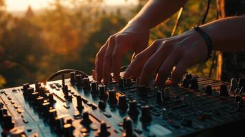 ai gegenereerd dichtbij omhoog van geluid menger apparatuur, dj menging muziek- buitenshuis Bij partij festival foto