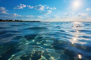ai gegenereerd blauw lucht over- oceaan met zon stralen, foto