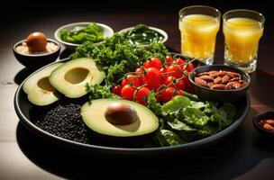 ai gegenereerd gezond voedingsmiddelen met avocado en kokosnoot olie Aan een bord, foto
