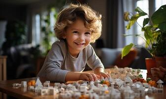 ai gegenereerd gelukkig familie Mens met zijn zoon spelen Aan de tafel foto