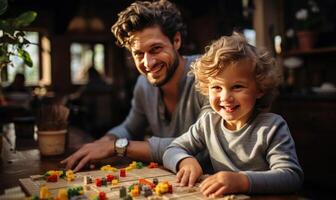 ai gegenereerd gelukkig familie Mens met zijn zoon spelen Aan de tafel foto