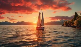 ai gegenereerd een zeilboot is het zeilen uit op de oceaan Bij zonsopkomst, foto
