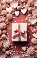 ai gegenereerd leeg karton bladzijde omringd door cadeaus en harten, Aan een roze achtergrond, foto