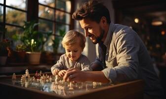 ai gegenereerd gelukkig familie Mens met zijn zoon spelen Aan de tafel foto