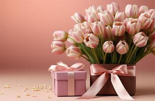 ai gegenereerd geschenk doos met roze lint en baby's adem, roze tulpen, en roze bloemen foto