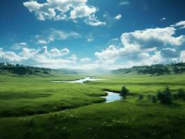 ai gegenereerd enorm gras veld- met klein rivier- breed visie in een zonnig dag. achtergrond visie. hoge resolutie. ai generatief foto