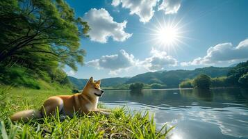 ai gegenereerd een ontspannen gelukkig hond Aan de gras in de buurt de rivier- onder de zon. zomer tijd. hoog kwaliteit. ai generatief foto