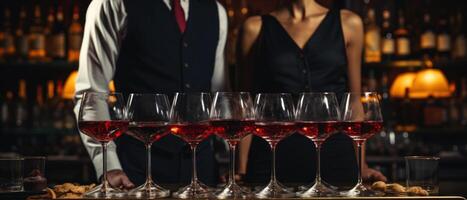ai gegenereerd wijn cocktail servers zijn staand in voorkant van een tafel foto