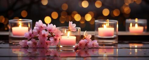 ai gegenereerd twee kaarsen Aan een wit tafel met bloem bloemblaadjes foto
