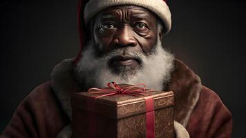 ai gegenereerd Afrikaanse Amerikaans de kerstman claus met geschenk doos, dichtbij portret met rembrandt verlichting, neurale netwerk gegenereerd kunst foto