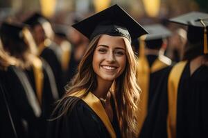 ai gegenereerd een vrouw afstuderen glimlachen tussen diploma uitreiking afgestudeerden foto