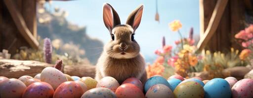 ai gegenereerd een konijn zittend in kleurrijk eieren omgeving hem foto