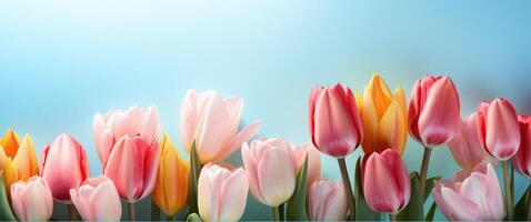 ai gegenereerd een afbeelding van roze tulpen in een pastel kader foto