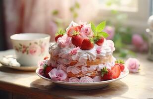 ai gegenereerd een foto van een taart met aardbeien en room