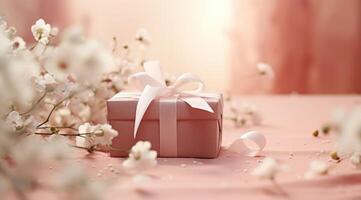 ai gegenereerd een roze doos met wit bloemen langs met linten foto