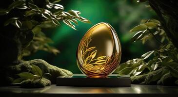 ai gegenereerd een gouden ei in de nest van een boom in de zonlicht met een houten bord foto