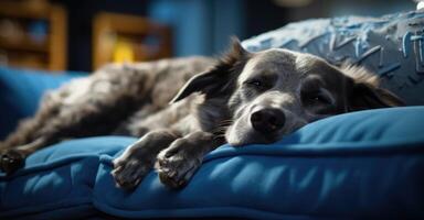 ai gegenereerd een hond resting Aan een blauw bankstel met haar hoofd resting in de blauw foto