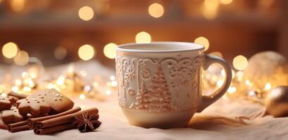 ai gegenereerd een klein koffie mok versierd met peperkoek en Kerstmis lichten foto