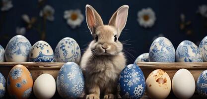 ai gegenereerd een klein konijn zit De volgende naar een bundel van gekleurde Pasen eieren, foto