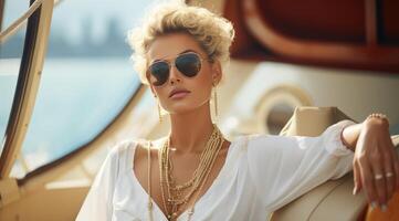 ai gegenereerd mooi blond vrouw vervelend wit kleding in zonnebril Aan een jacht, foto