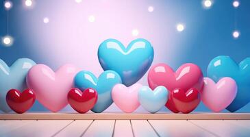 ai gegenereerd blauw en roze kleurrijk hart speelgoed door de hout met licht abstract foto