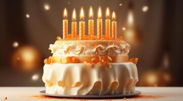 ai gegenereerd een oranje verjaardag taart dat heeft vijf kaarsen Aan top foto