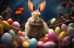 ai gegenereerd een Pasen konijn is op zoek Bij een groep van kleurrijk eieren foto