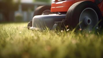 ai gegenereerd dichtbij omhoog van oranje gazon maaier in actie Aan gazon Bij zonnig zomer dag, neur al netwerk gegenereerd beeld foto