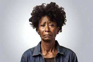 ai gegenereerd huilen senior Afrikaanse Amerikaans vrouw, hoofd en schouders portret Aan licht grijs achtergrond. neurale netwerk gegenereerd beeld foto