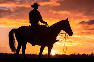 ai gegenereerd silhouet van een cowboy Aan een paard Bij zonsondergang, neurale netwerk gegenereerd fotorealistisch beeld foto