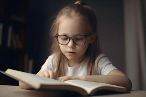 ai gegenereerd onderwijs en school- concept - weinig blond Kaukasisch leerling meisje aan het studeren Bij avond in huis, neurale netwerk gegenereerd fotorealistisch beeld foto