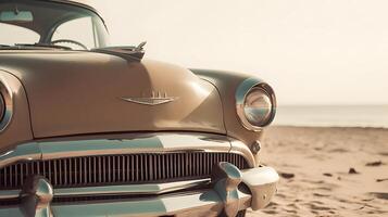 ai gegenereerd wijnoogst auto geparkeerd Aan strand Bij zonnig dag, neurale netwerk gegenereerd kunst foto