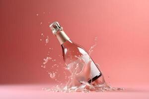 ai gegenereerd ongeopend fles van Champagne met spatten Aan roze achtergrond, neurale netwerk gegenereerd fotorealistisch beeld foto