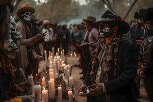 ai gegenereerd gekostumeerd cowboys met schedel bedenken in voorkant van een tafel met kaarsen Bij de evenement voor dia de los Muertos Bij nacht, neurale netwerk gegenereerd beeld foto