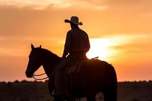 ai gegenereerd silhouet van een cowboy Aan een paard Bij zonsondergang, neurale netwerk gegenereerd fotorealistisch beeld foto