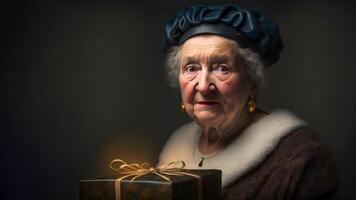 ai gegenereerd oud dame met Kerstmis geschenk portret, neurale netwerk gegenereerd kunst foto