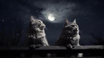 ai gegenereerd paar van aanbiddelijk katten zittend Aan hek in voorkant van vol maan nacht lucht, neurale netwerk gegenereerd beeld foto