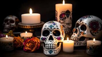 ai gegenereerd overladen wit schedels met kaarsen en bloemen voor dia de los Muertos of dag van de dood viering, neurale netwerk gegenereerd beeld foto