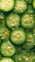 ai gegenereerd naadloos achtergrond en structuur van gesneden komkommers met druppels van water, neurale netwerk gegenereerd beeld foto