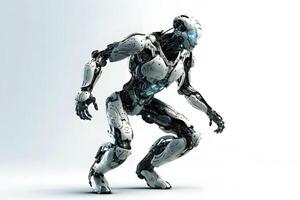 ai gegenereerd futuristische high Tech humanoid antropomorf robot Aan wit achtergrond, neurale netwerk gegenereerd beeld foto