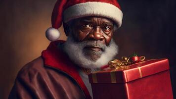 ai gegenereerd Afrikaanse Amerikaans de kerstman claus met geschenk doos, dichtbij portret met rembrandt verlichting, neurale netwerk gegenereerd kunst foto