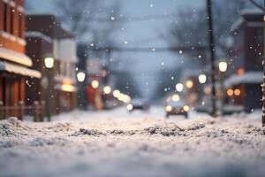 ai gegenereerd klein Amerikaans stad- straat visie Bij besneeuwd winter avond, neurale netwerk gegenereerd beeld foto